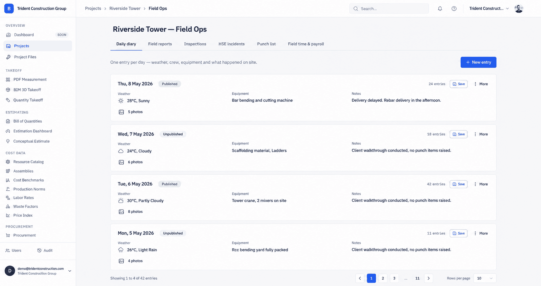 Buildiante field operations dashboard showing daily diary entries with weather, crew count, equipment notes, site activities, and field updates