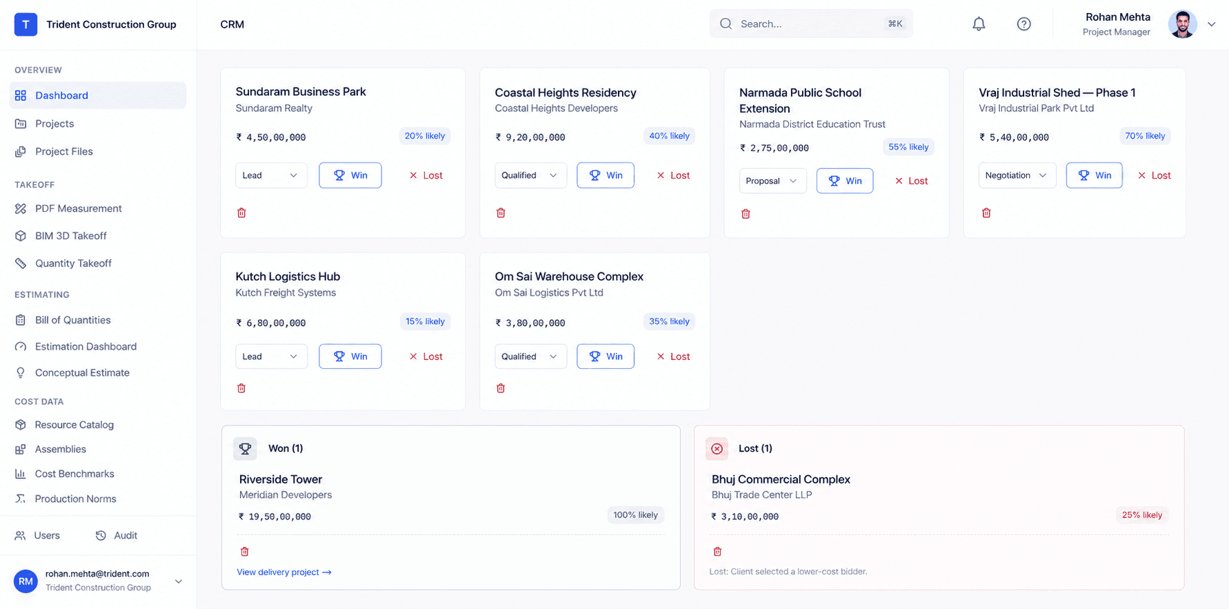 Buildiante CRM showing a Won deal linked to its real delivery project via a 'View delivery project' link, and a Lost deal with its recorded reason